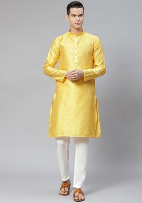 Yellow Woven Design Cotton Kurta Set For Men