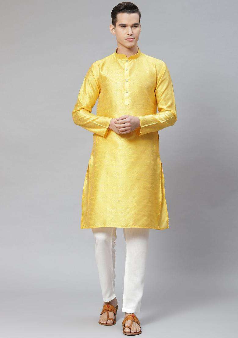 Yellow Woven Design Cotton Kurta Set For Men - Indya