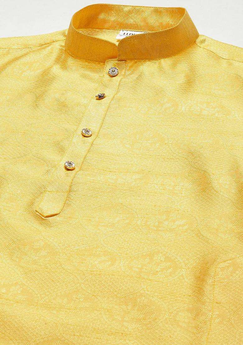 Yellow Woven Design Cotton Kurta Set For Men - Indya