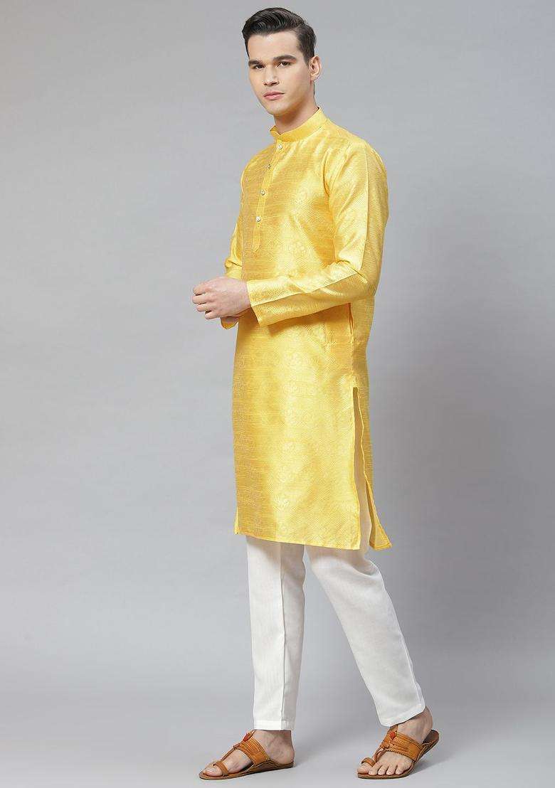 Yellow Woven Design Cotton Kurta Set For Men - Indya