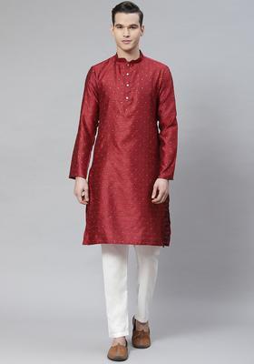 Maroon Embroidered Cotton Kurta Set For Men