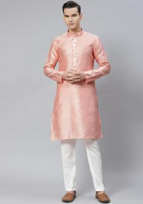 Peach Embroidered Cotton Kurta Set For Men
