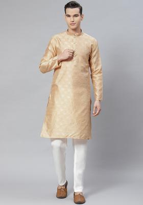 Beige Embroidered Cotton Kurta Set For Men