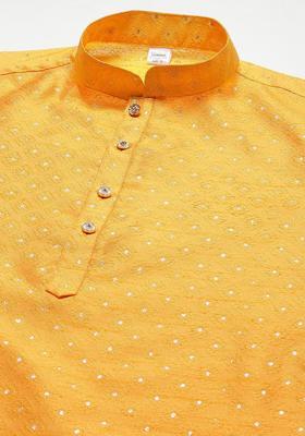 Yellow Embroidered Cotton Kurta Set For Men