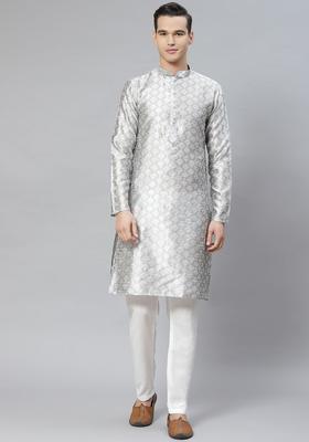 Grey Embroidered Cotton Kurta Set For Men
