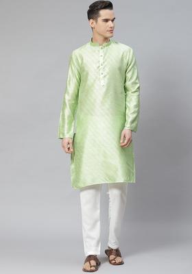Green Embroidered Cotton Kurta Set For Men