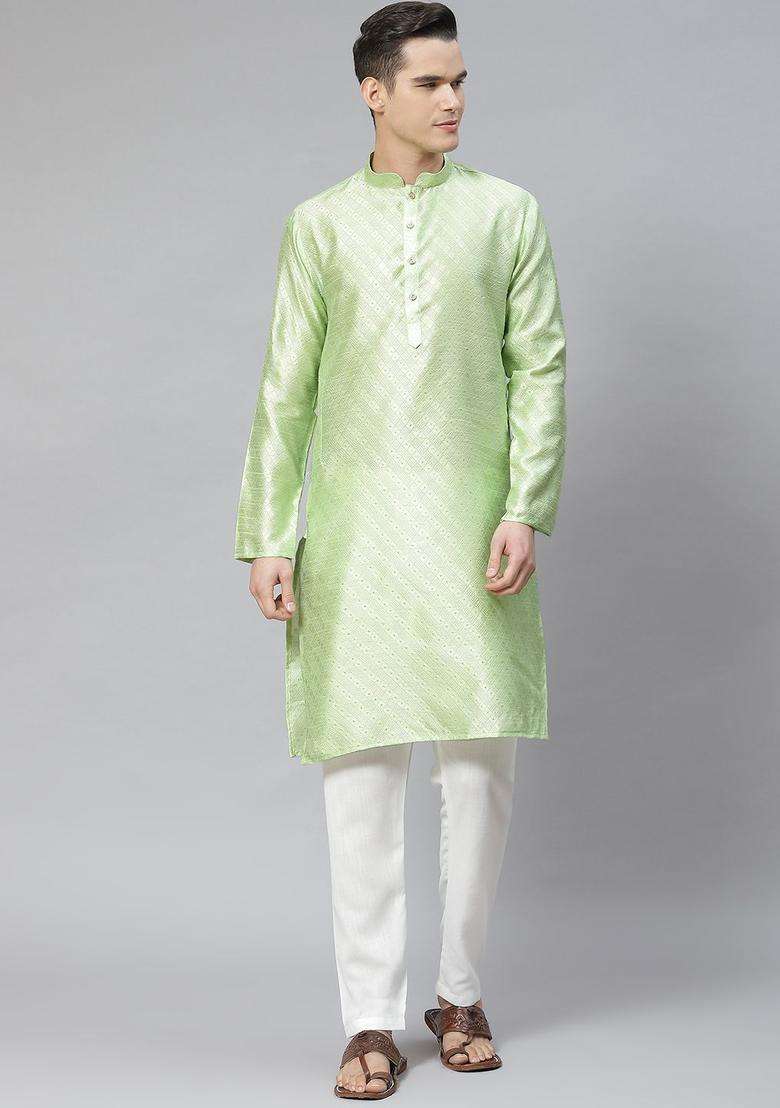 Green Embroidered Cotton Kurta Set For Men - Indya