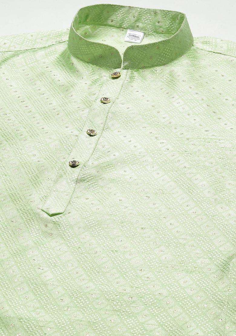 Green Embroidered Cotton Kurta Set For Men - Indya