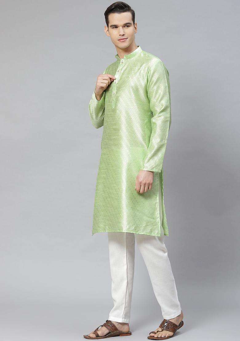 Green Embroidered Cotton Kurta Set For Men - Indya
