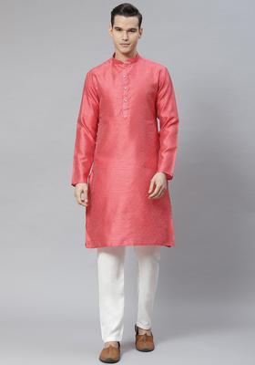 Pink Woven Design Cotton Kurta Set For Men
