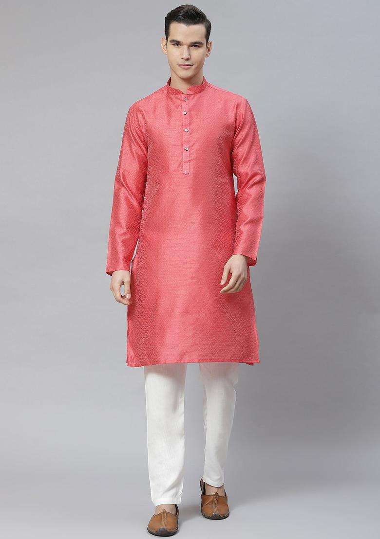Pink Woven Design Cotton Kurta Set For Men - Indya