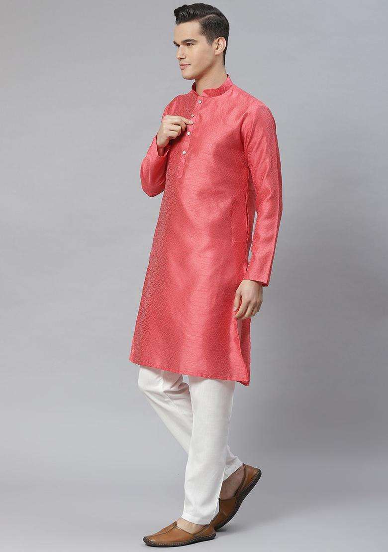 Pink Woven Design Cotton Kurta Set For Men - Indya