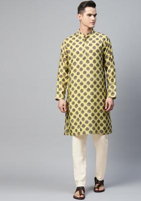 Lime Green Printed Silk Kurta Set For Men