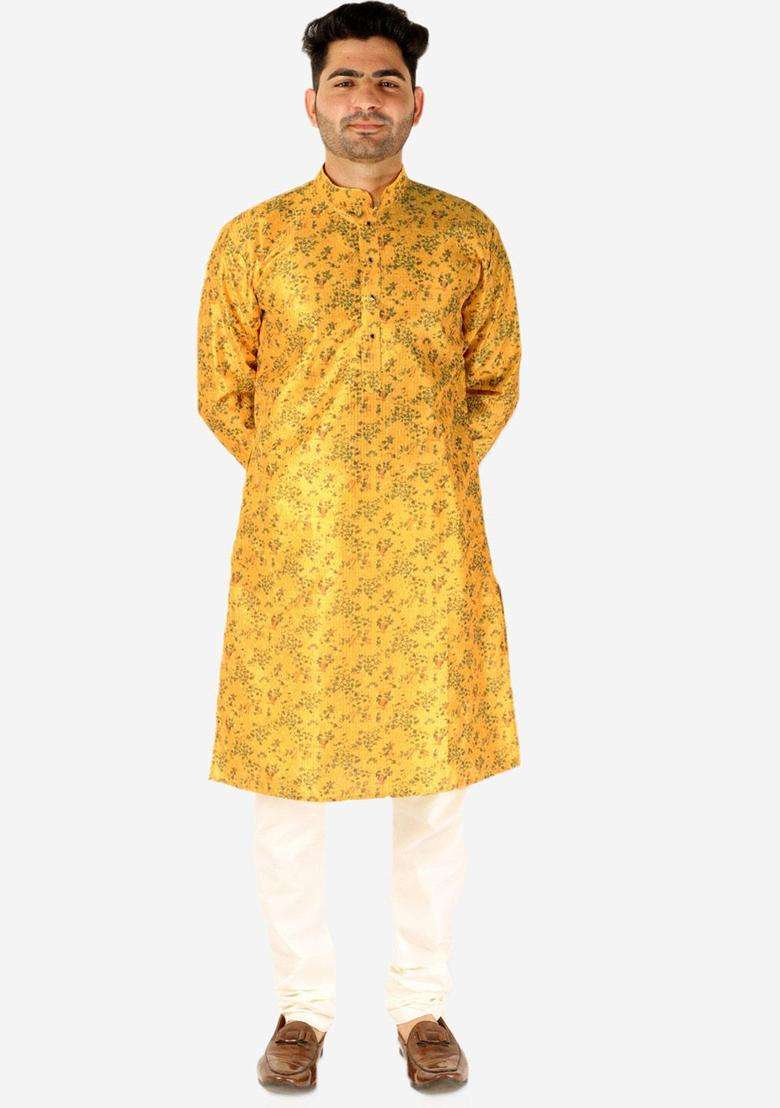 Yellow Woven Design Silk Blend Kurta Set For Men - Indya