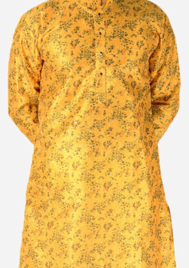 Yellow Woven Design Silk Blend Kurta Set For Men - Indya