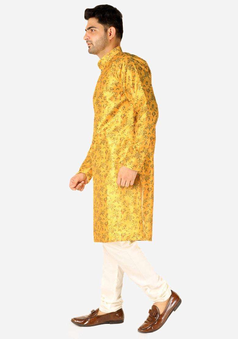 Yellow Woven Design Silk Blend Kurta Set For Men - Indya