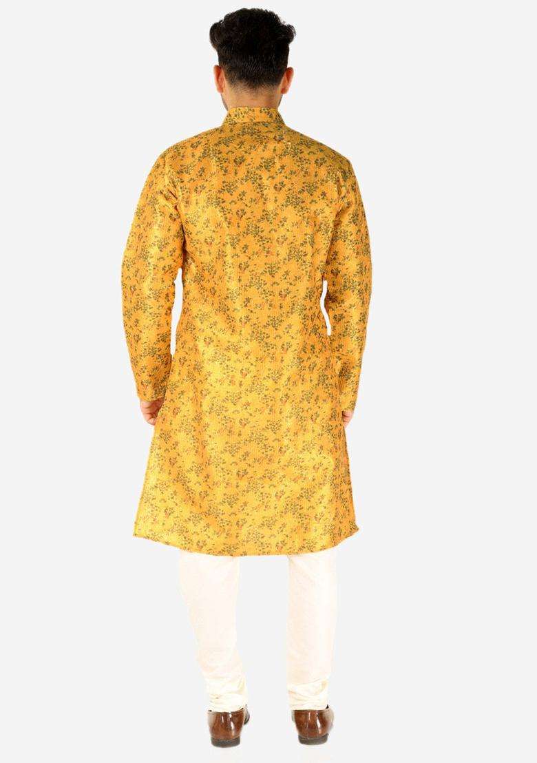 Yellow Woven Design Silk Blend Kurta Set For Men - Indya
