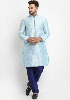Turquoise Blue Solid Silk Blend Kurta Set For Men