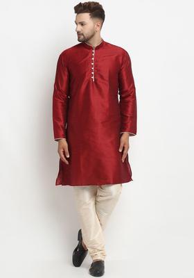 Maroon Solid Silk Kurta Set For Men