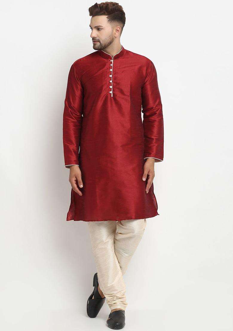 Maroon Solid Silk Blend Kurta Set For Men - Indya