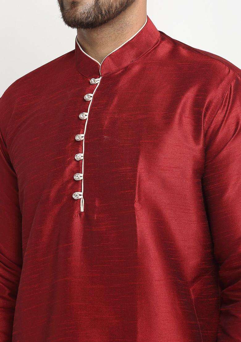 Maroon Solid Silk Blend Kurta Set For Men - Indya