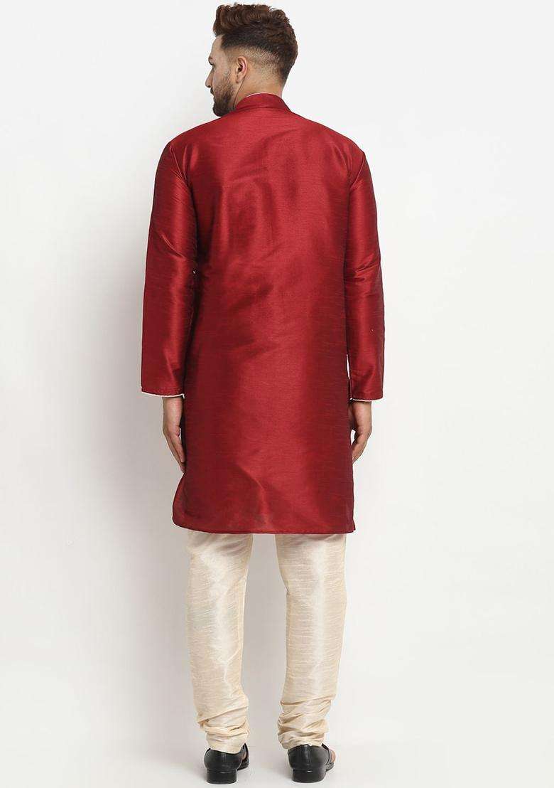 Maroon Solid Silk Blend Kurta Set For Men - Indya