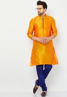 Orange Solid Silk Kurta Set For Men