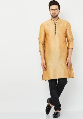 Gold Solid Silk Kurta Set For Men