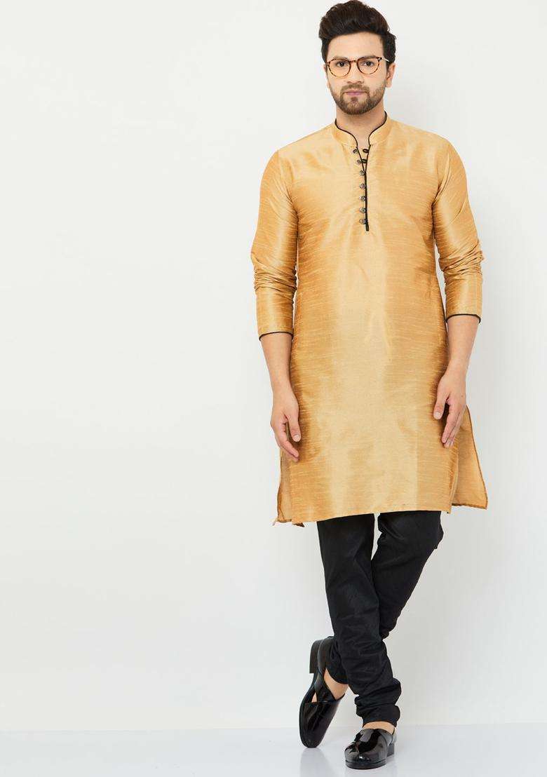 Gold Solid Silk Blend Kurta Set For Men - Indya