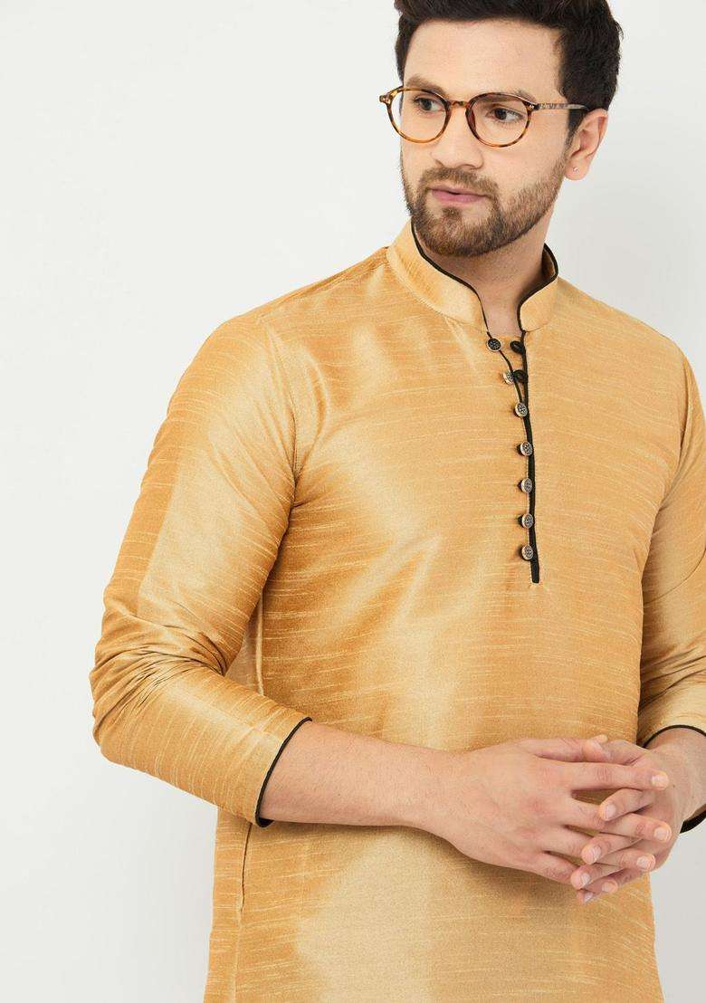 Gold Solid Silk Blend Kurta Set For Men - Indya