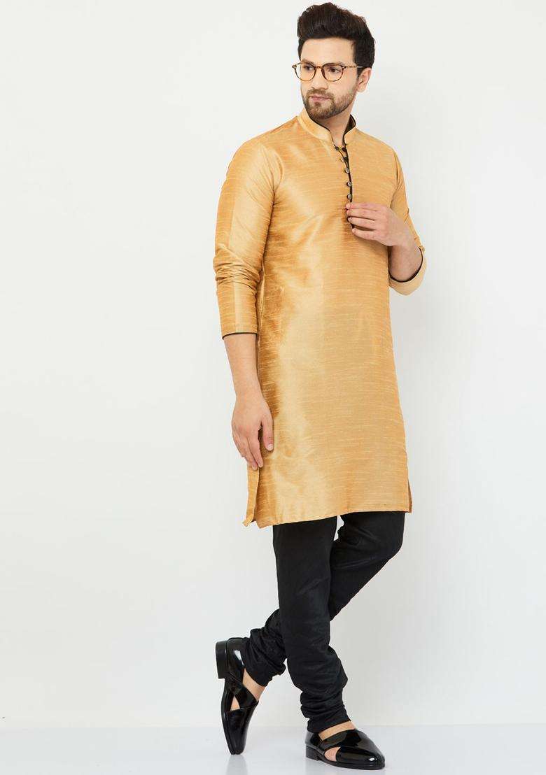 Gold Solid Silk Blend Kurta Set For Men - Indya