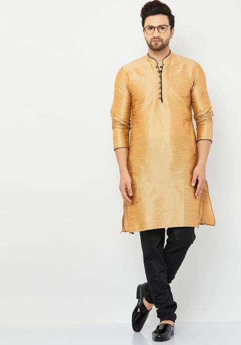 Gold Solid Silk Blend Kurta Set For Men