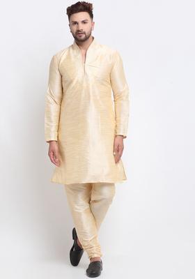 Beige Embroidered Silk Kurta Set For Men