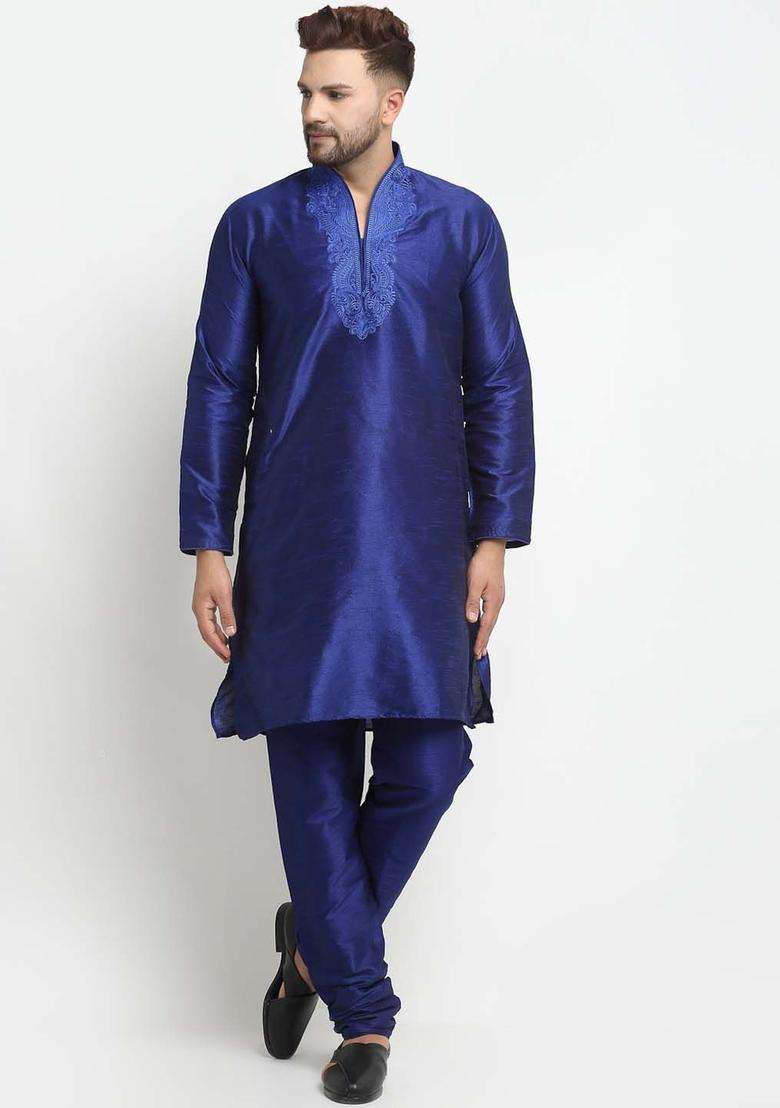 Blue Embroidered Silk Blend Kurta Set For Men - Indya