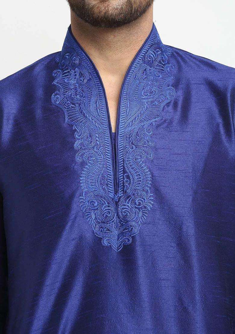 Blue Embroidered Silk Blend Kurta Set For Men - Indya