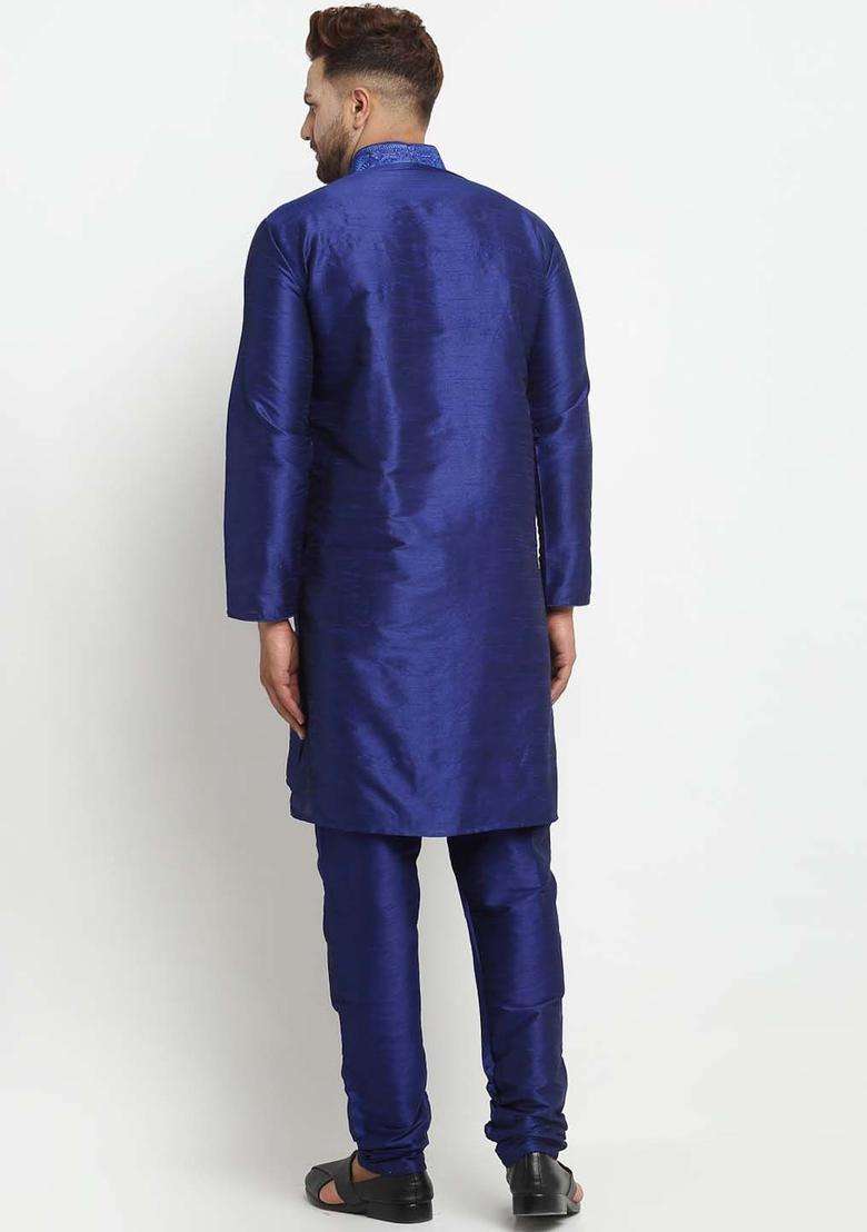 Blue Embroidered Silk Blend Kurta Set For Men - Indya