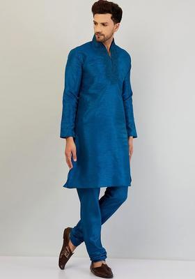 Navy Blue Embroidered Silk Kurta Set For Men