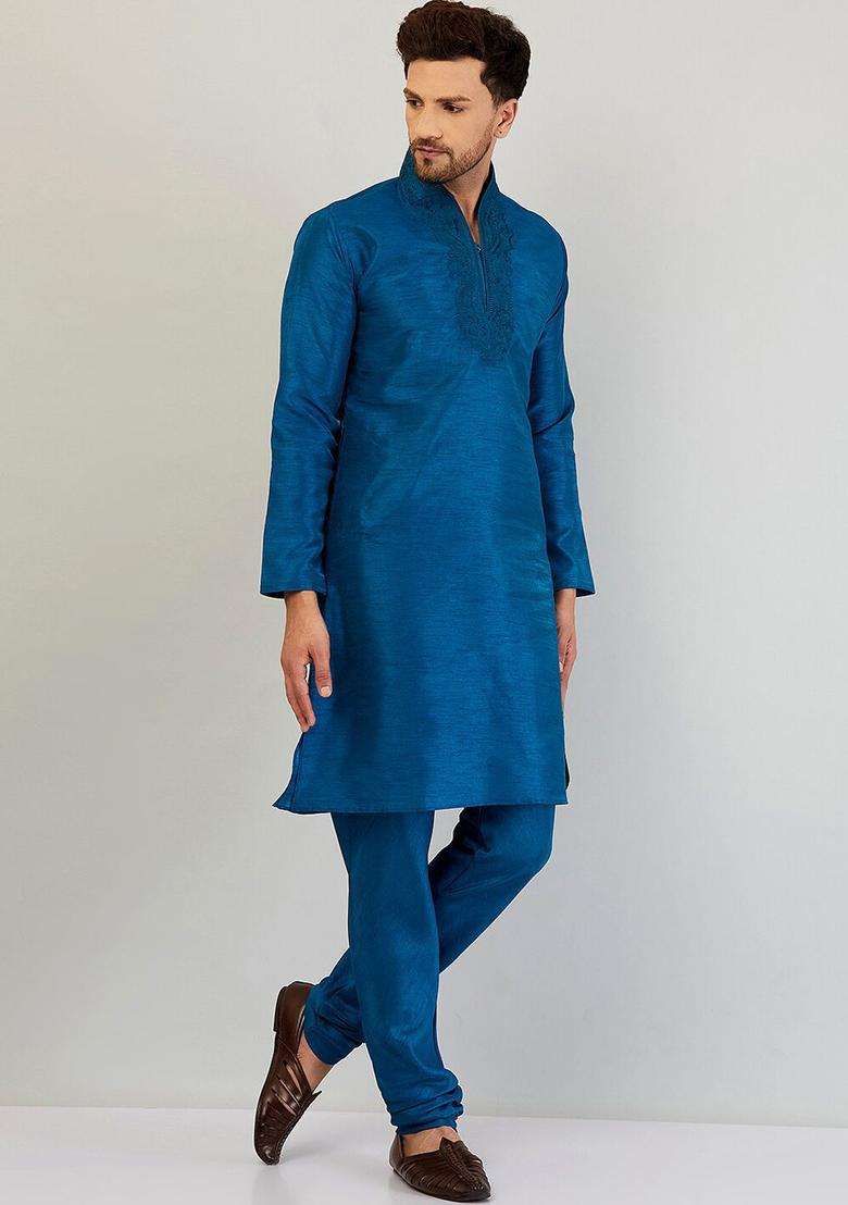 Navy Blue Embroidered Silk Blend Kurta Set For Men - Indya