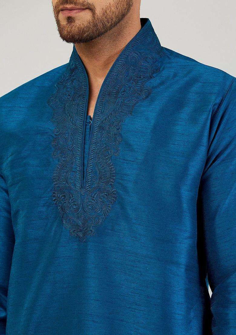 Navy Blue Embroidered Silk Blend Kurta Set For Men - Indya