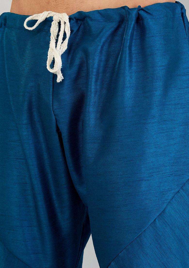 Navy Blue Embroidered Silk Blend Kurta Set For Men - Indya