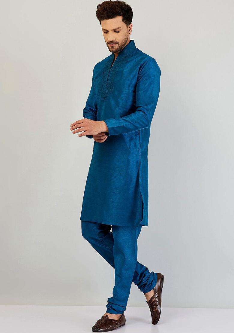 Navy Blue Embroidered Silk Blend Kurta Set For Men - Indya
