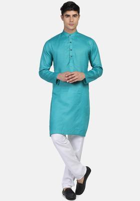 Turquoise Blue Solid Cotton Kurta Set For Men