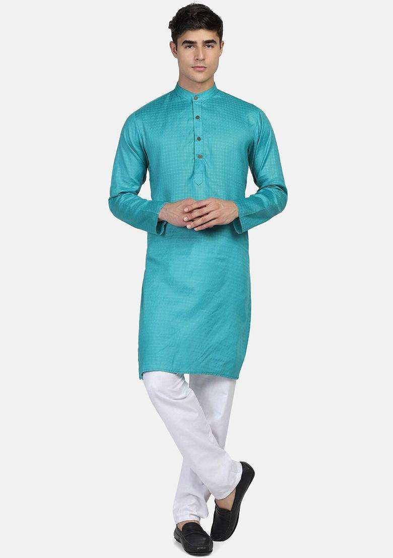 Turquoise Blue Solid Cotton Kurta Set For Men - Indya