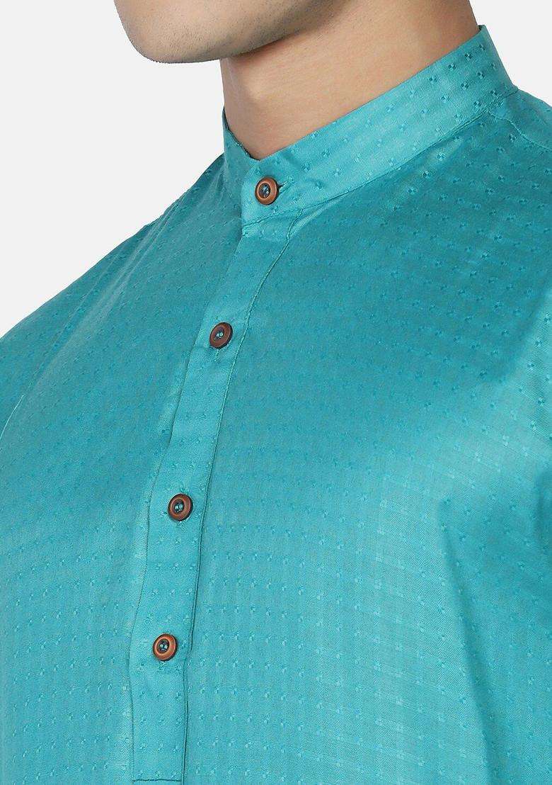 Turquoise Blue Solid Cotton Kurta Set For Men - Indya