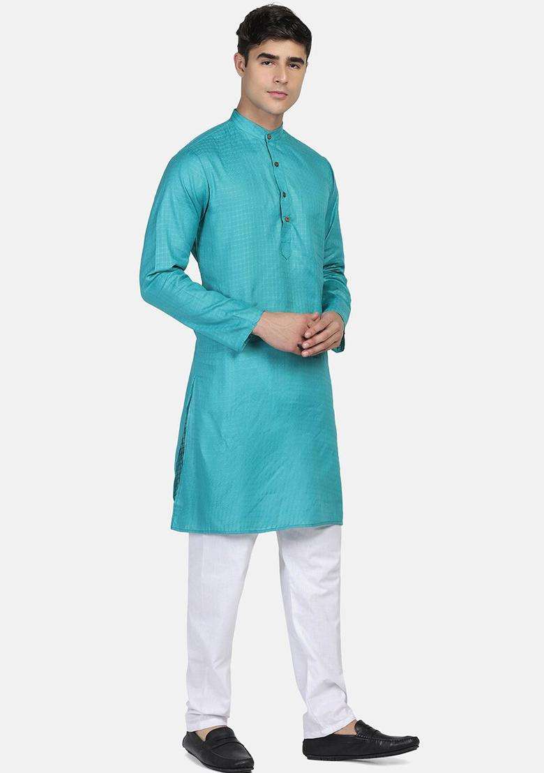Turquoise Blue Solid Cotton Kurta Set For Men - Indya