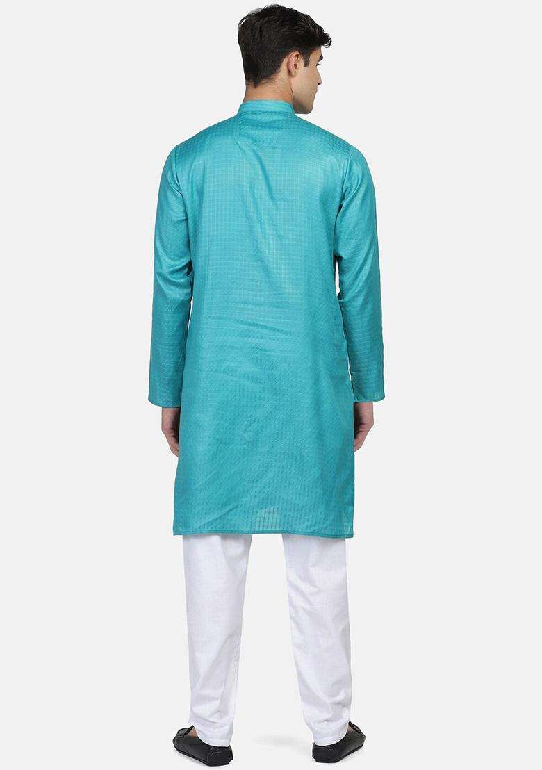 Turquoise Blue Solid Cotton Kurta Set For Men - Indya