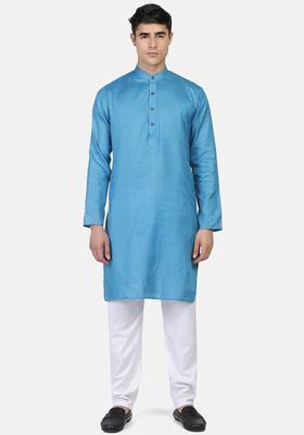 Blue Checked Cotton Kurta Set For Men