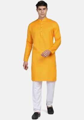 Yellow Solid Cotton Kurta Set For Men