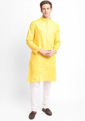 Yellow Solid Cotton Kurta Set For Men