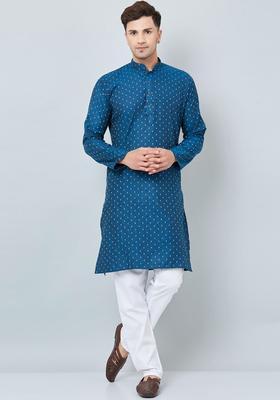 Blue Woven Design Cotton Kurta Set For Men
